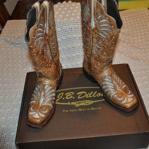 JB Dillon Womens Size 8.5 Western Boots Brown with Silver Inlay Pattern